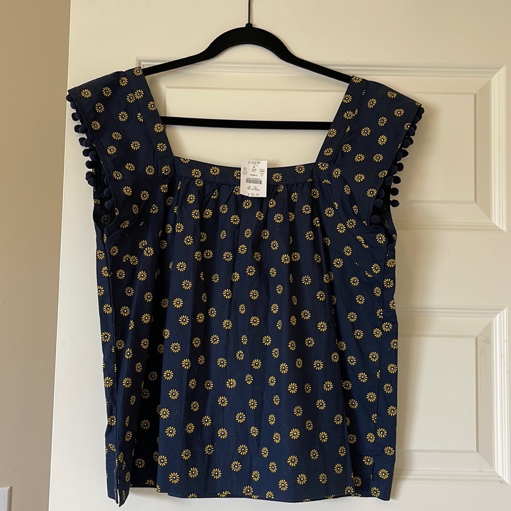 NWT J.Crew navy floral Pom-Pom top size 8